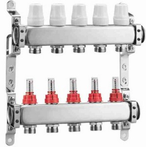 Коллекторная группа ZEGOR,   QS-1843 с расх-ми, термостат. клапана, нерж. сталь 1"х4х3/4"