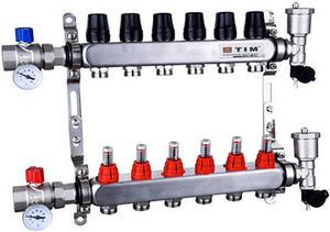 Коллекторная группа TIM НЕРЖ с расходом. 1'' (ПОЛНЫЙ компл.) 4 вых (КВАДРАТ) KAS5004