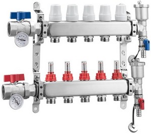 Коллекторная группа ZEGOR,  QS-18115 краны с амер., встр. терм-ры, расх-ми, термостат. кл., слив. краном и автомат. возд-ком, нерж. сталь 1"х11х3/4"