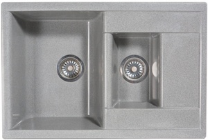 Мойка  керамогранит S16  2-х чашевая   760 *505   (чаша 340* 440, h 20 мм; 175*280 h 130 ) (перелив, б/отв., унив-я, б/сиф.) матовый    СЕРЫЙ   